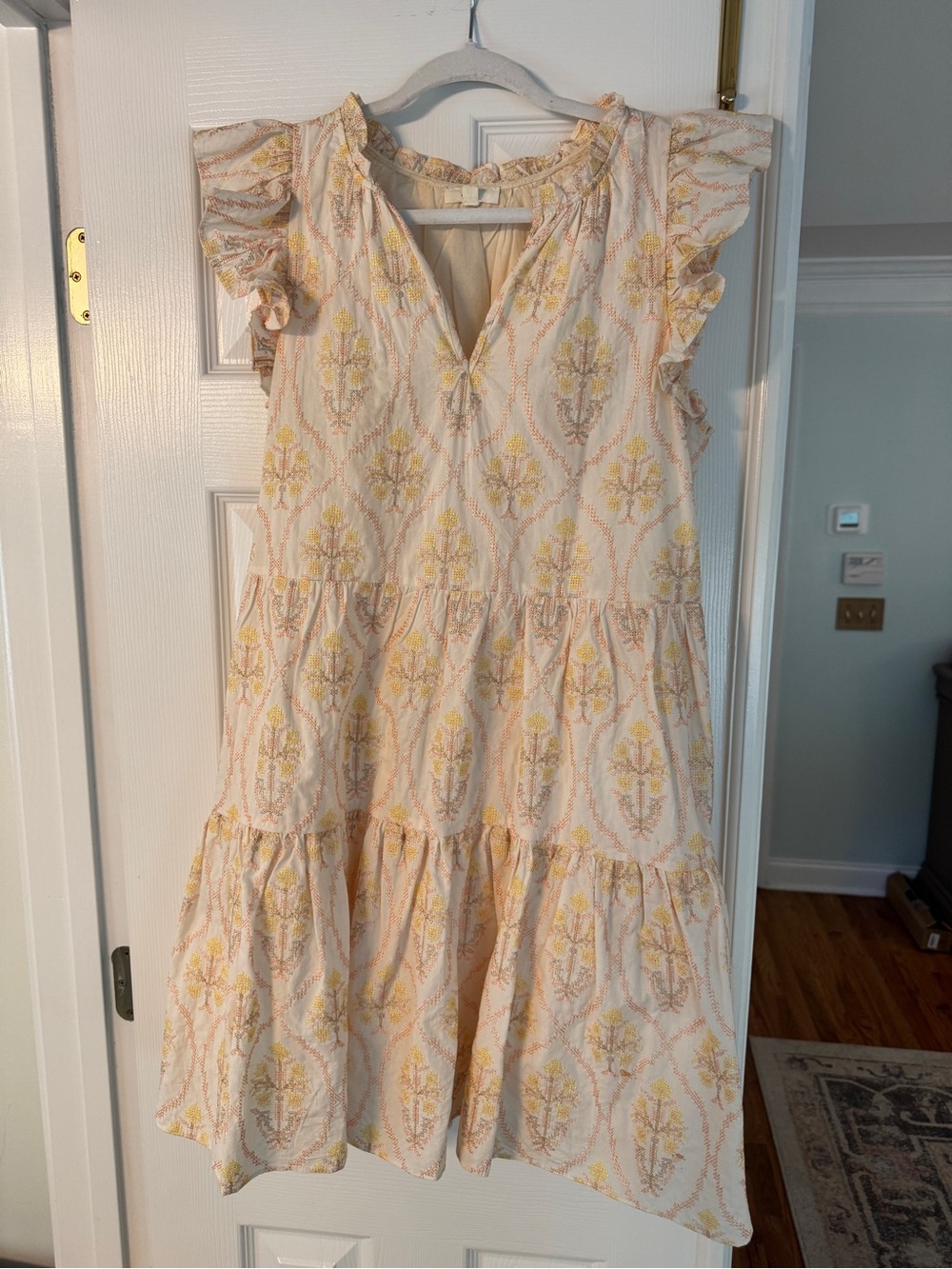 Flutter-Tiered Mini Dress in Cream and Yellow